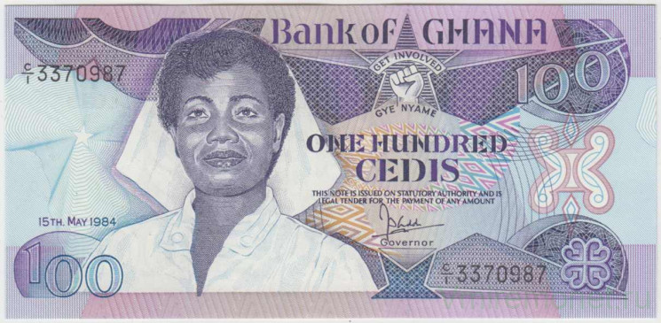 Банкнота. Гана. 100 седи 1984 год. Тип 26а.