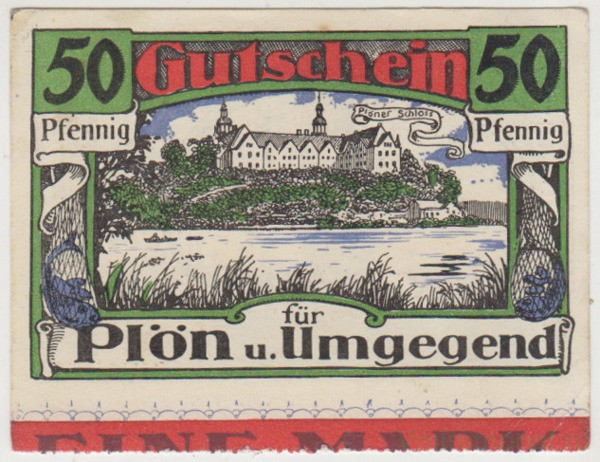 Бона. Нотгельд. Германия. Город Плён. 50 пфеннигов 1921 год. (часть блока). Вариант 1063.10.b.1.