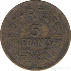 Монета. Франция. 5 франков 1945 год. Монетный двор -  Кастельсарразен. Алюминиевая бронза.