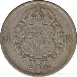 Монета. Швеция. 1 крона 1945 год. TS.