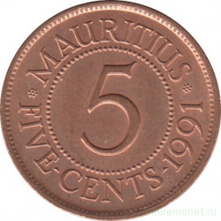 Монета. Маврикий. 5 центов 1991 год.