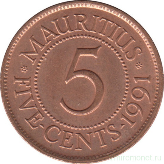 Монета. Маврикий. 5 центов 1991 год.