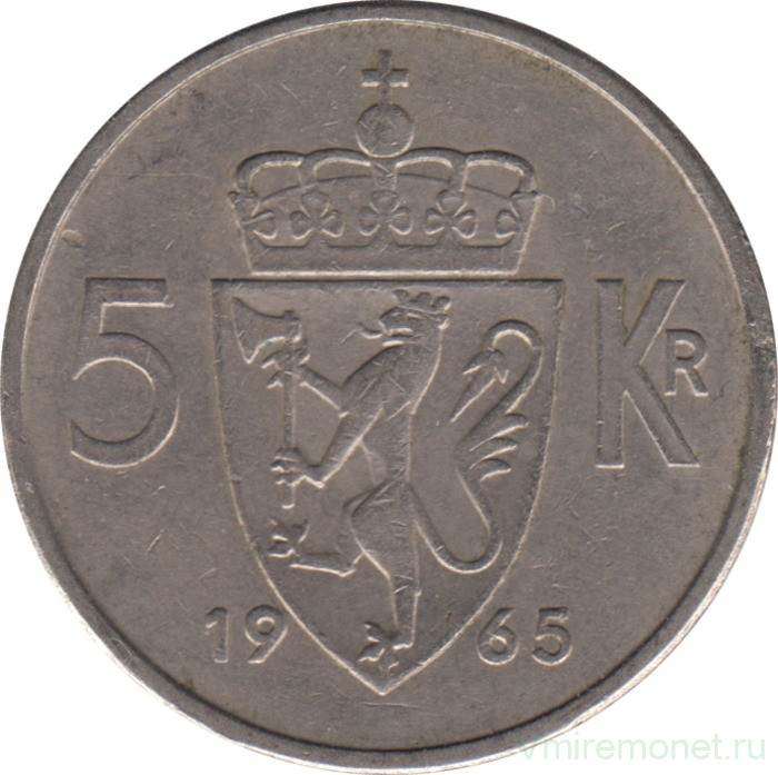 Монета. Норвегия. 5 крон 1965 год.