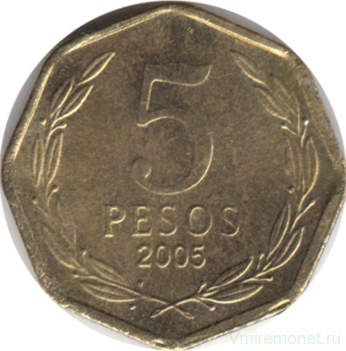 Монета. Чили. 5 песо 2005 год.