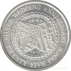 Монета. Великобритания. Остров Мэн. 25 пенсов 1972 год. 25 лет свадьбе Королевы Елизаветы II и Принца Филиппа. Серебро.