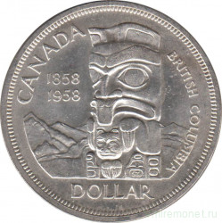 Монета. Канада. 1 доллар 1958 год. 100 лет основания Британской Колумбии.