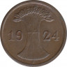 Монета. Германия. Веймарская республика. 2 рентенпфеннига 1924 год. Монетный двор - Мюльденхюттен (E). ав.