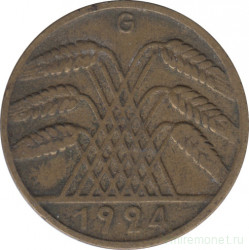 Монета. Германия. Веймарская республика. 10 рентенпфеннигов 1924 год. Монетный двор - Карлсруэ (G).