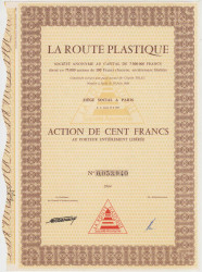 Акция. Франция. Париж. Акционерное общество "LA ROUTE PLASTIQUE". Акция на предъявителя в 100 франков 1964 год.