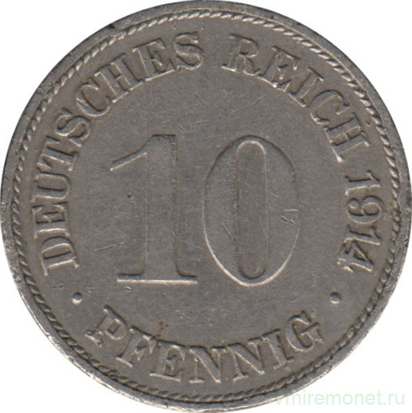 Монета. Германская империя. 10 пфеннигов 1914 год. (G).