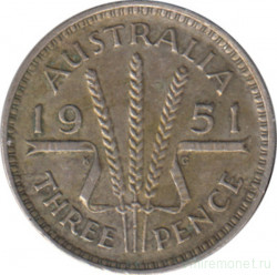 Монета. Австралия. 3 пенса 1951 год. Без отметки монетного двора.