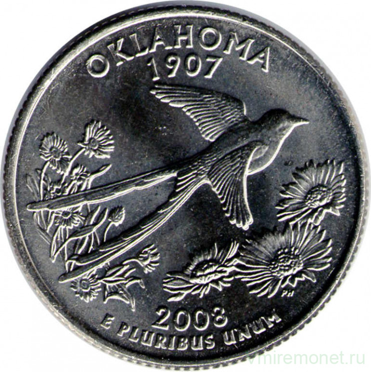 Монета. США. 25 центов 2008 год. Штат № 46 Оклахома. Монетный двор P.