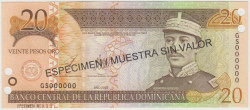 Банкнота. Доминиканская республика. 20 песо 2003 год. Образец. Тип 169c.
