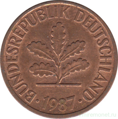 Монета. ФРГ. 2 пфеннига 1987 год. Монетный двор - Штутгарт (F).