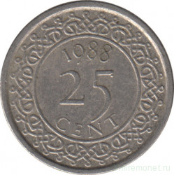 Монета. Суринам. 25 центов 1988 год.