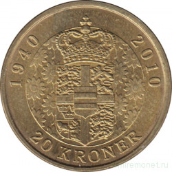 Монета. Дания. 20 крон 2010 год. 70 лет королеве Маргарете II.