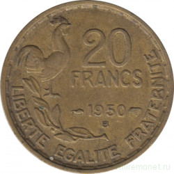 Монета. Франция. 20 франков 1950 год. Монетный двор - Бомон-ле-Роже (B). Аверс - в хвосте петуха 3 пера. Реверс - GEORGES GUIRAUD.