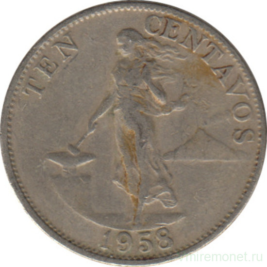 Монета. Филиппины. 10 сентаво 1958 год.