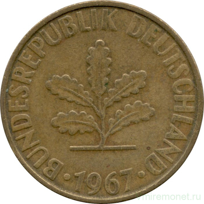 Монета. ФРГ. 10 пфеннигов 1967 год. Монетный двор - Штутгарт (F).