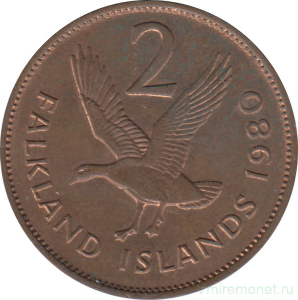 Монета. Фолклендские острова. 2 пенса 1980 год.