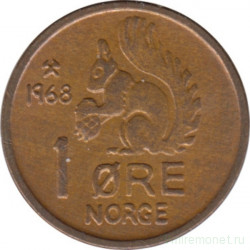 Монета. Норвегия. 1 эре 1968 год.