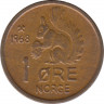 Монета. Норвегия. 1 эре 1968 год. ав.