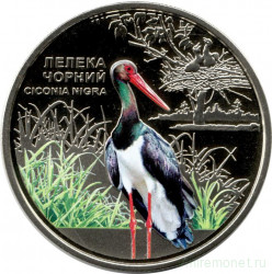 Монета. Украина. 5 гривен 2024 год. Чёрный аист - Чернобыльский радиационно-экологический биосферный заповедник.