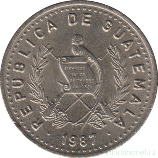 Монета. Гватемала. 10 сентаво 1987 год.