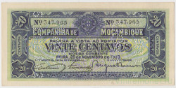 Банкнота. Мозамбик. "Компания де Мозамбик". 20 сентаво 1933 год. (перфорация "PAGO 5.11.1942). Тип R29.