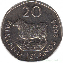 Монета. Фолклендские острова. 20 пенсов 2004 год.