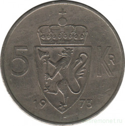 Монета. Норвегия. 5 крон 1973 год.