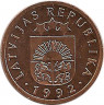 Аверс. Монета. Латвия. 1 сантим 1992 год.