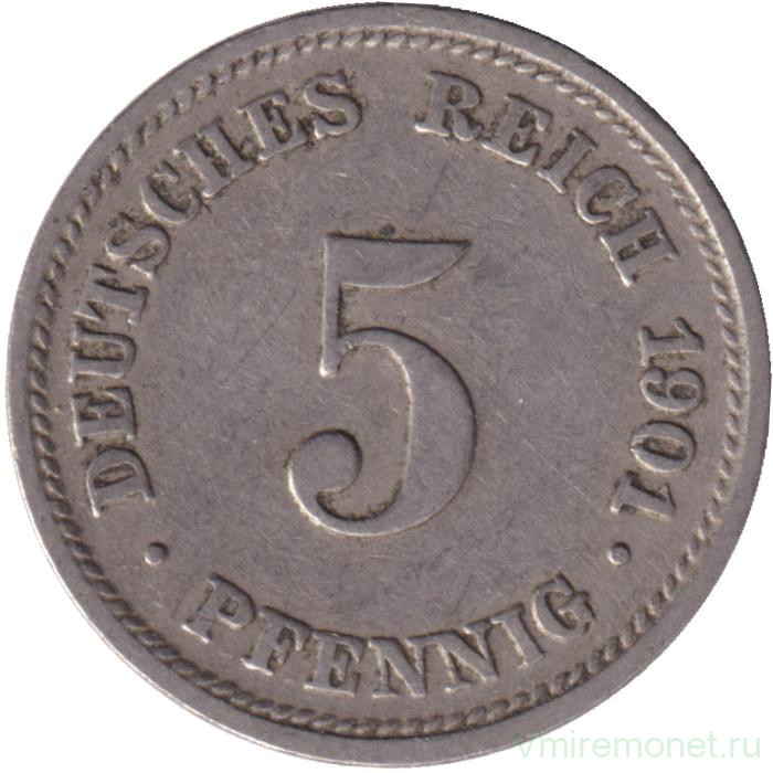 Монета. Германская империя. 5 пфеннигов 1901 год. (D).