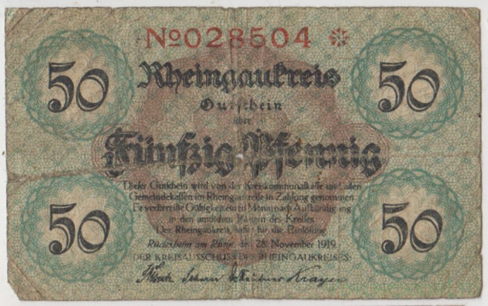 Бона. Нотгельд. Германия. Округ Рейнгау. 50 пфеннигов 1919 год.