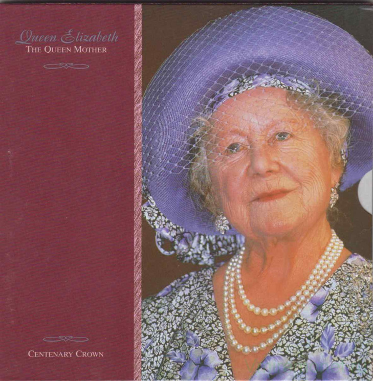 Монета. Великобритания. 5 фунтов 2000 год. 100 лет со дня рождения Королевы - матери. В буклете.