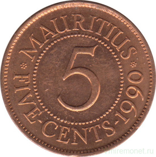 Монета. Маврикий. 5 центов 1990 год.