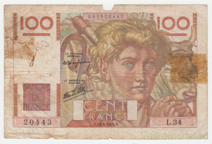 Банкнота. Франция. 100 франков 1946 год. Тип 128а(1). 