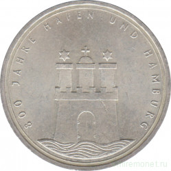 Монета. ФРГ. 10 марок 1989 год. 800 лет Гамбургскому порту.