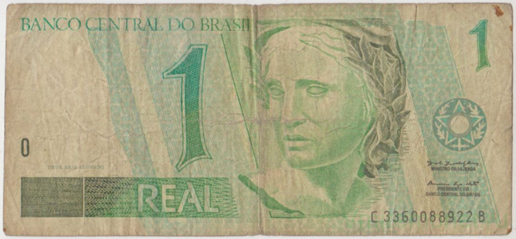 Банкнота. Бразилия. 1 реал 1997 - 2003 года. Тип 243Aе.