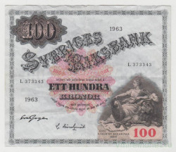 Банкнота. Швеция. 100 крон 1963 год.