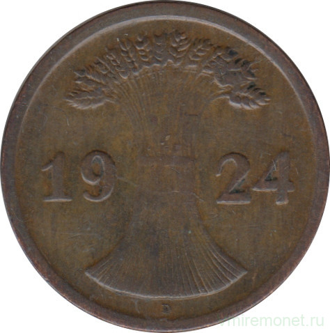 Монета. Германия. Веймарская республика. 2 рентенпфеннига 1924 год. Монетный двор - Мюнхен (D).