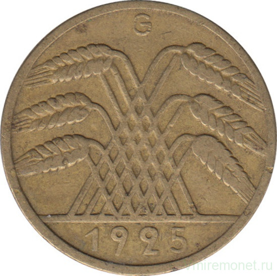 Монета. Германия. Веймарская республика. 10 рейхспфеннигов 1925 год. Монетный двор - Карлсруэ (G).