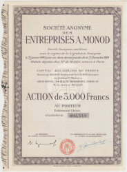 Акция. Франция. Париж. Акционерное общество "ENTREPRISES A.MONOD". Акция на предъявителя в 5000 франков 1953 год.