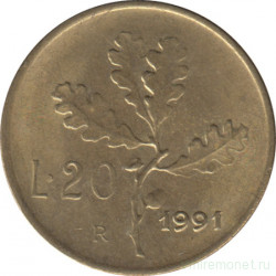 Монета. Италия. 20 лир 1991 год.