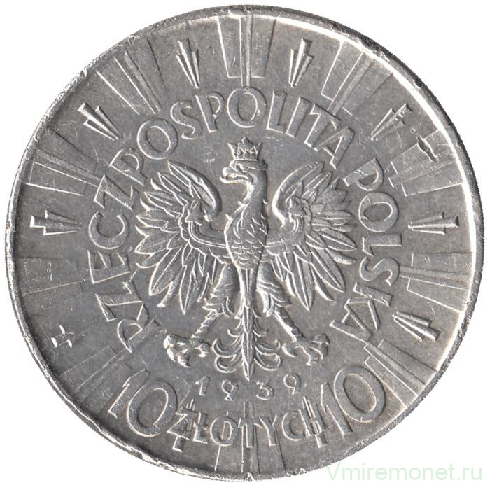 Монета. Польша. 10 злотых 1939 год. Юзеф Пилсудский.