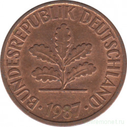 Монета. ФРГ. 2 пфеннига 1987 год. Монетный двор - Карлсруэ (G).