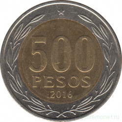 Монета. Чили. 500 песо 2016 год.