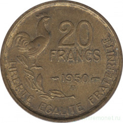 Монета. Франция. 20 франков 1950 год. Монетный двор - Бомон-ле-Роже (B). Аверс - в хвосте петуха 4 пера. Реверс - G. GUIRAUD.