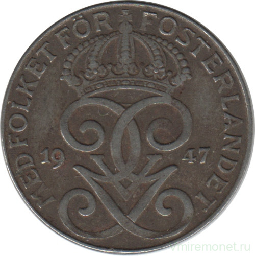 Монета. Швеция. 2 эре 1947 год.