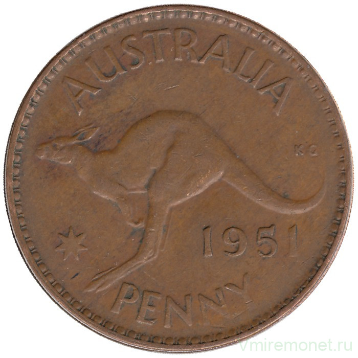 Монета. Австралия. 1 пенни 1951 год. Без точки после "PENNY".